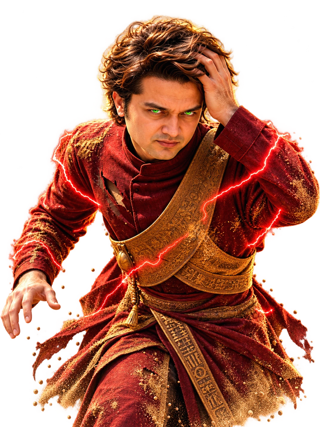 Arif Arman Apu in a red and gold cinematic costume, with green eyes